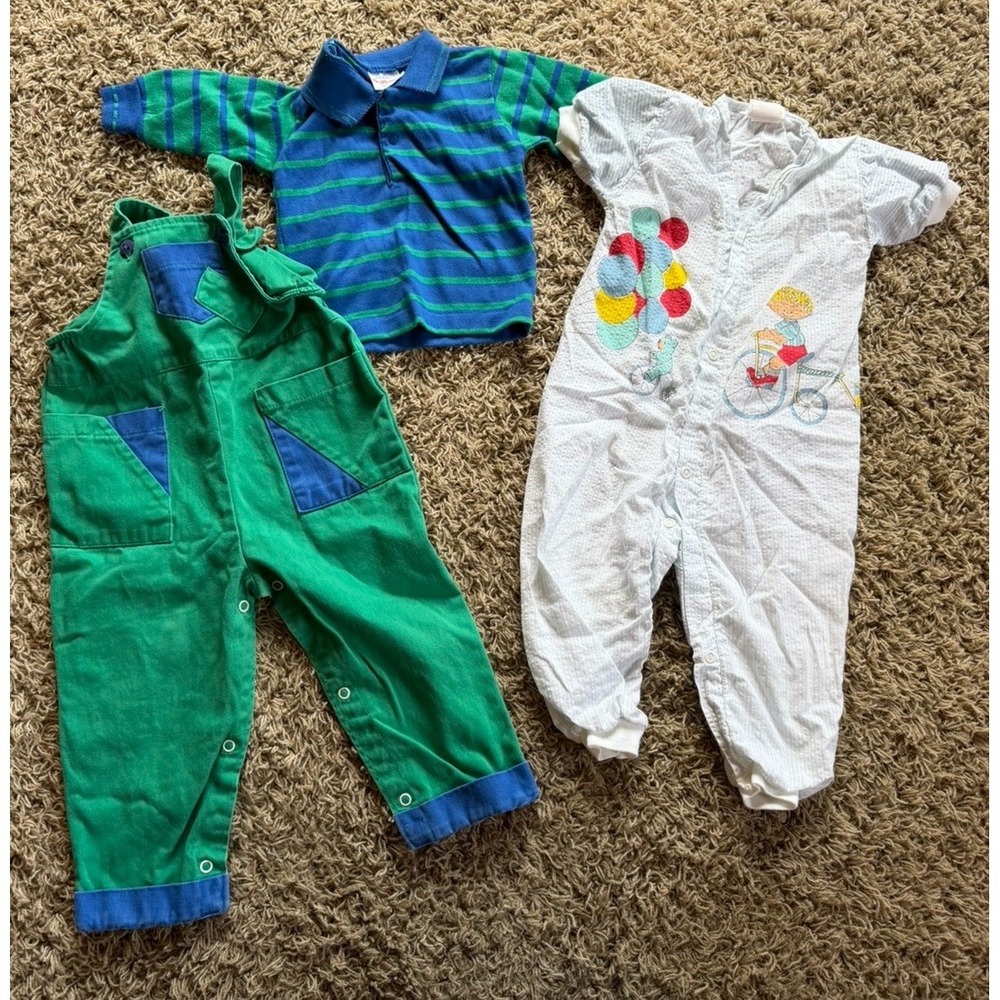 2 Vintage Baby Boy Train Romper Outfit & Health-Tex Overalls 12-18 Months